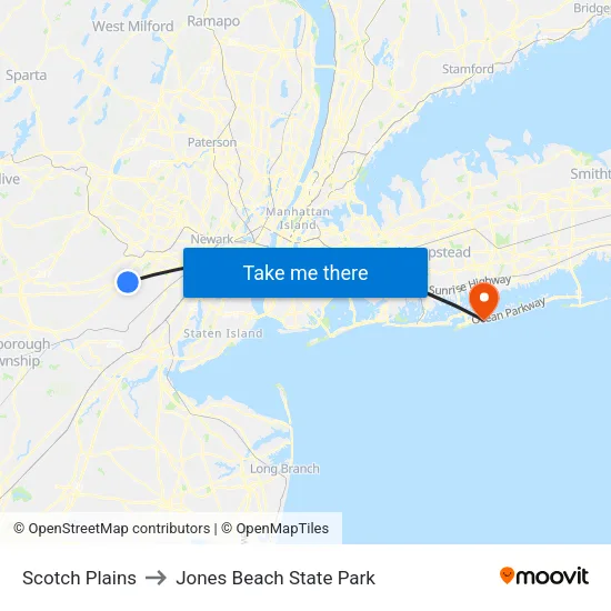 Scotch Plains to Jones Beach State Park map