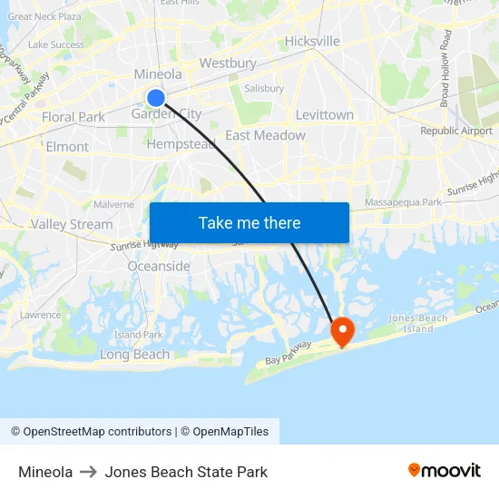 Mineola to Jones Beach State Park map