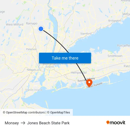 Monsey to Jones Beach State Park map