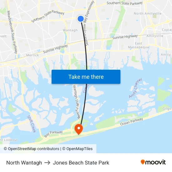 North Wantagh to Jones Beach State Park map