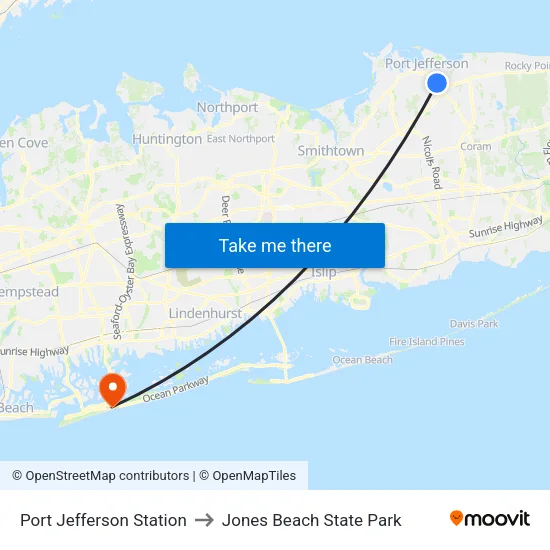 Port Jefferson Station to Jones Beach State Park map
