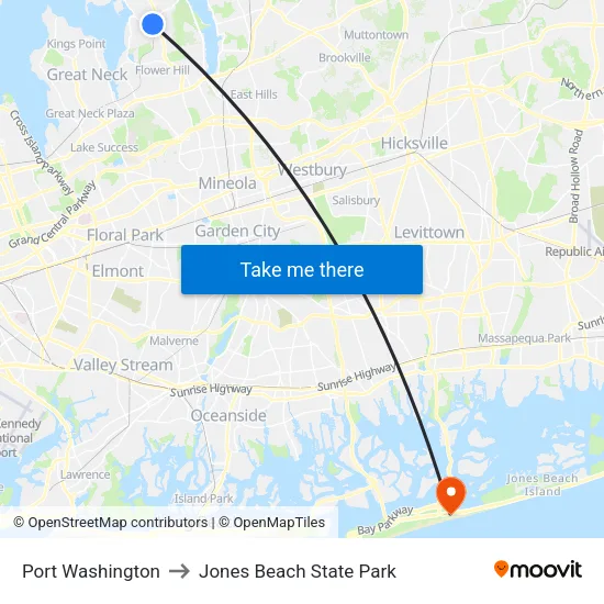 Port Washington to Jones Beach State Park map