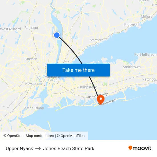 Upper Nyack to Jones Beach State Park map