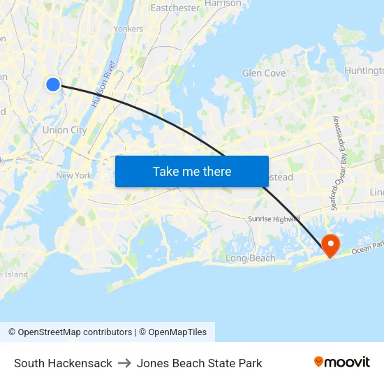 South Hackensack to Jones Beach State Park map