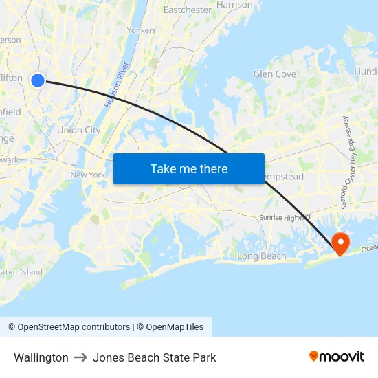 Wallington to Jones Beach State Park map
