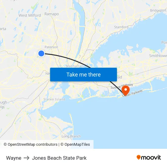 Wayne to Jones Beach State Park map