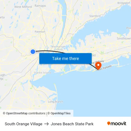 South Orange Village to Jones Beach State Park map