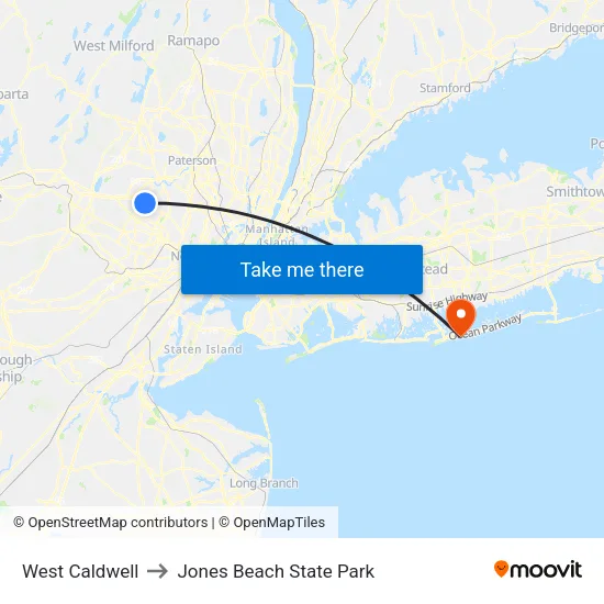 West Caldwell to Jones Beach State Park map