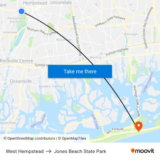 West Hempstead to Jones Beach State Park map