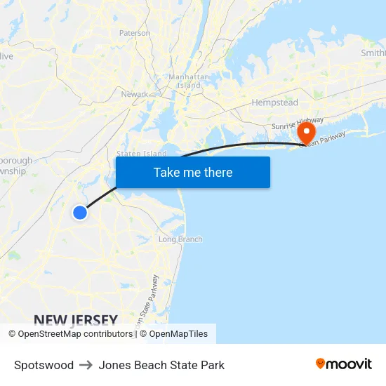 Spotswood to Jones Beach State Park map