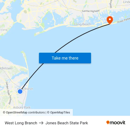 West Long Branch to Jones Beach State Park map