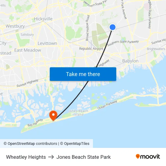 Wheatley Heights to Jones Beach State Park map