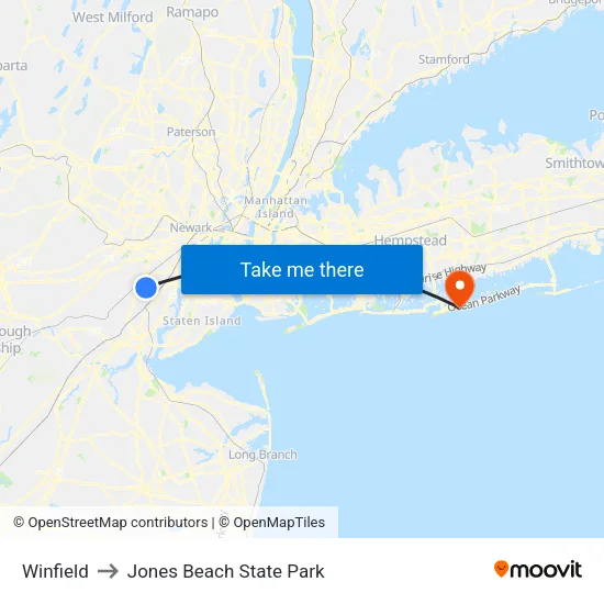 Winfield to Jones Beach State Park map