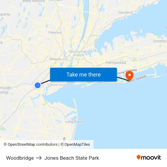 Woodbridge to Jones Beach State Park map