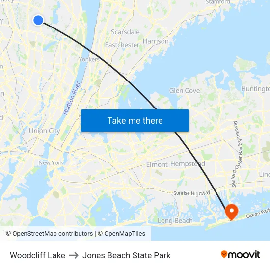 Woodcliff Lake to Jones Beach State Park map