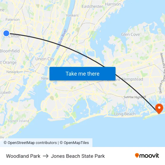 Woodland Park to Jones Beach State Park map