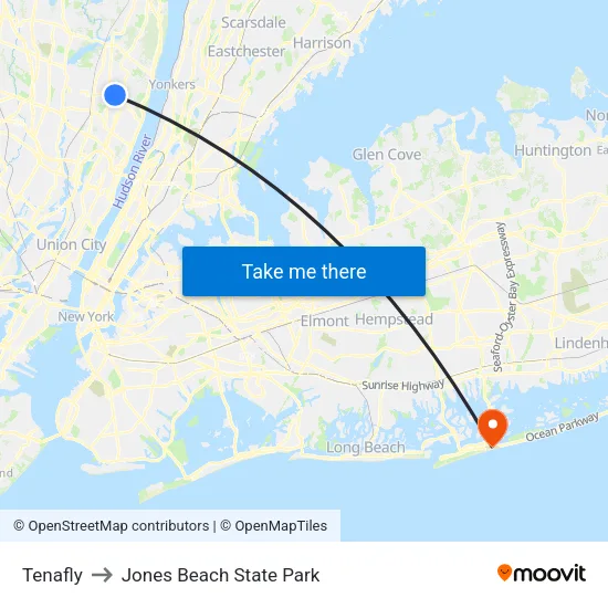 Tenafly to Jones Beach State Park map