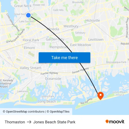 Thomaston to Jones Beach State Park map