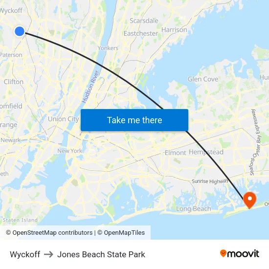 Wyckoff to Jones Beach State Park map