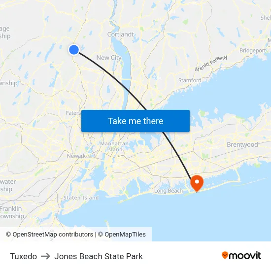 Tuxedo to Jones Beach State Park map
