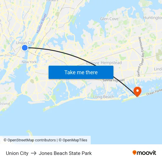 Union City to Jones Beach State Park map