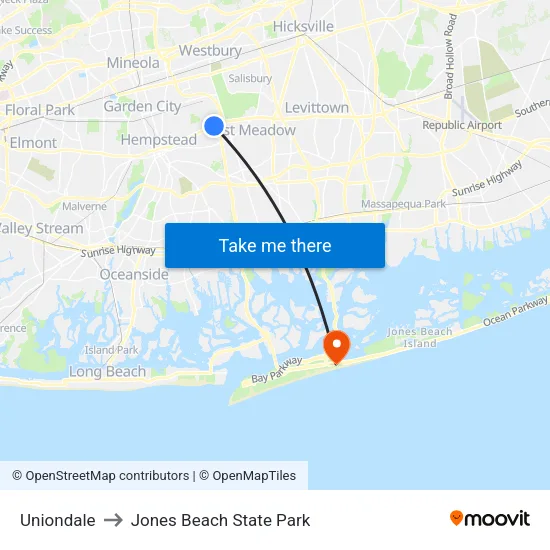 Uniondale to Jones Beach State Park map