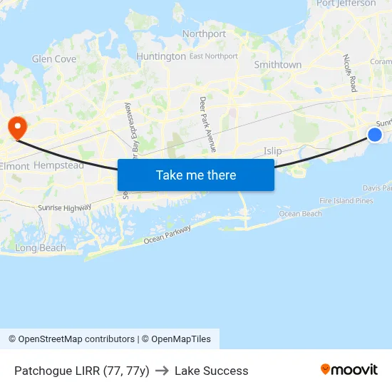 Patchogue LIRR (77, 77y) to Lake Success map