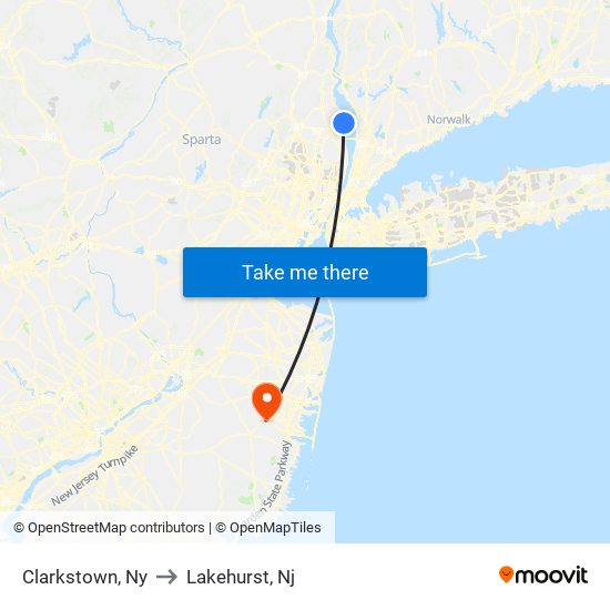 Clarkstown, Ny to Lakehurst, Nj map