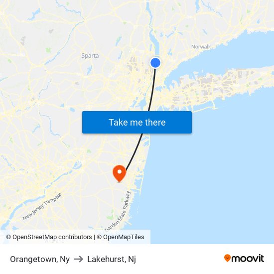 Orangetown, Ny to Lakehurst, Nj map