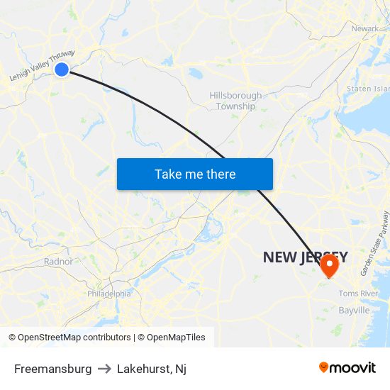 Freemansburg to Lakehurst, Nj map