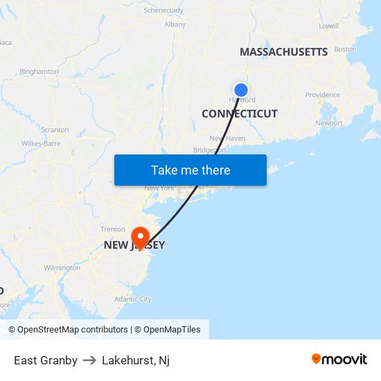 East Granby to Lakehurst, Nj map