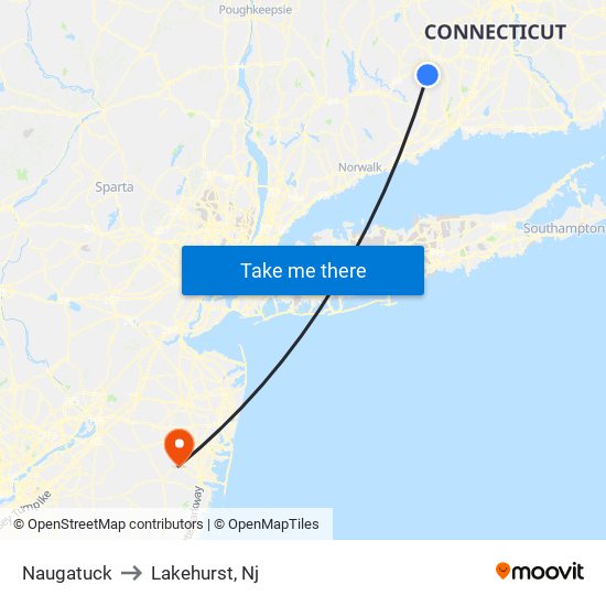 Naugatuck to Lakehurst, Nj map