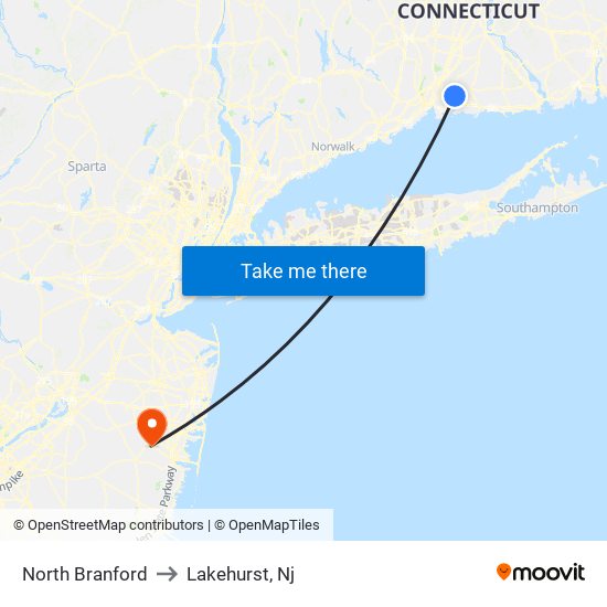 North Branford to Lakehurst, Nj map