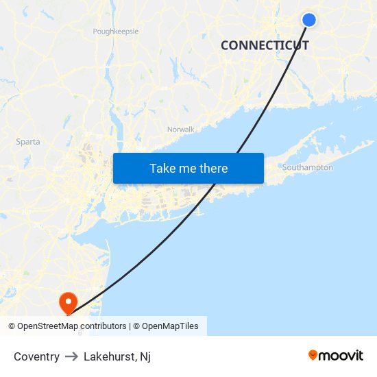 Coventry to Lakehurst, Nj map