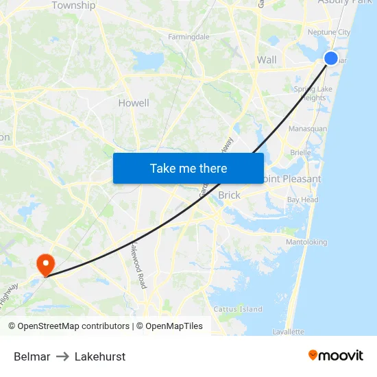 Belmar to Lakehurst map