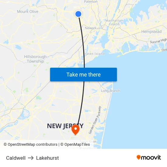 Caldwell to Lakehurst map
