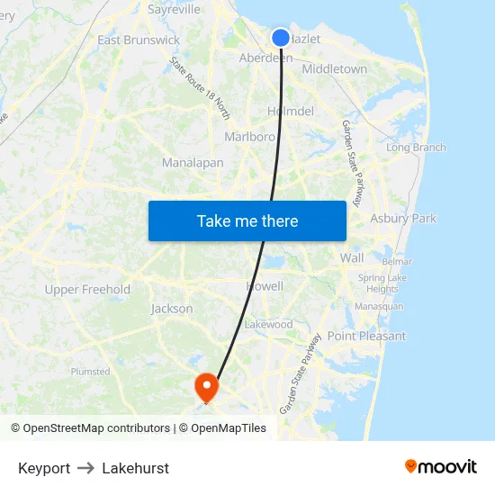 Keyport to Lakehurst map