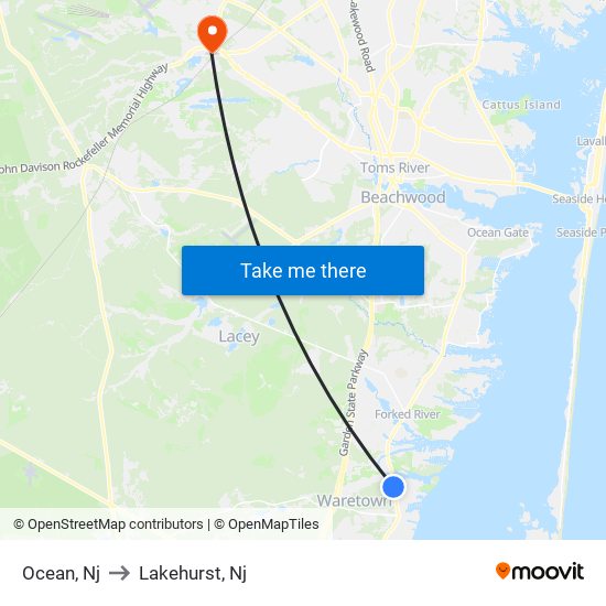 Ocean, Nj to Lakehurst, Nj map