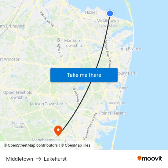 Middletown to Lakehurst map