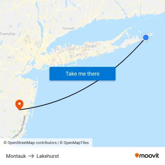 Montauk to Lakehurst map
