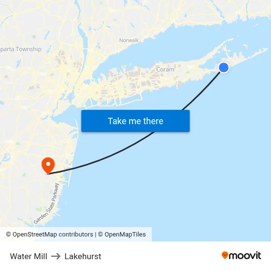 Water Mill to Lakehurst map