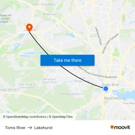 Toms River to Lakehurst map