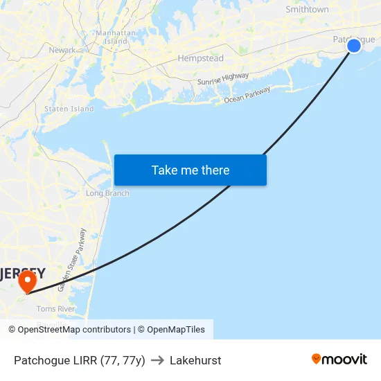 Patchogue LIRR (77, 77y) to Lakehurst map