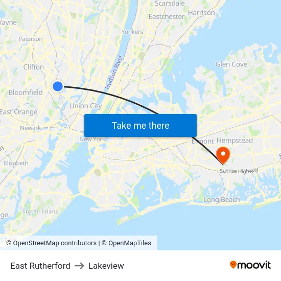 East Rutherford to Lakeview map