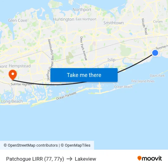 Patchogue LIRR (77, 77y) to Lakeview map