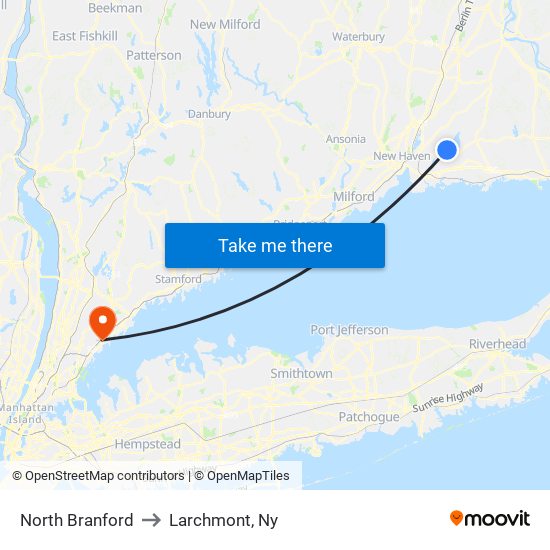 North Branford to Larchmont, Ny map