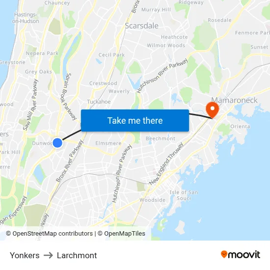 Yonkers to Larchmont map