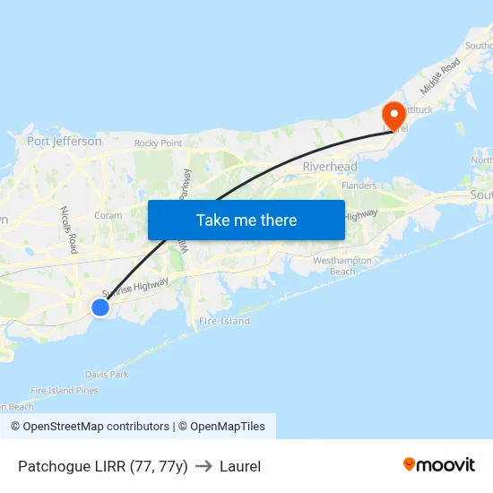 Patchogue LIRR (77, 77y) to Laurel map
