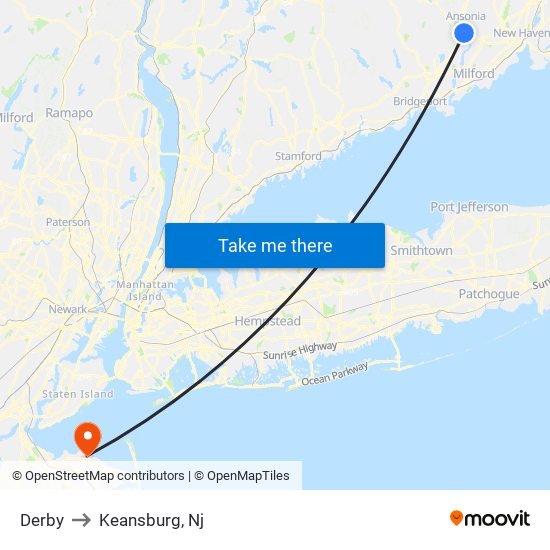 Derby to Keansburg, Nj map