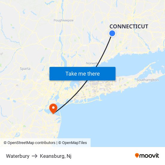 Waterbury to Keansburg, Nj map